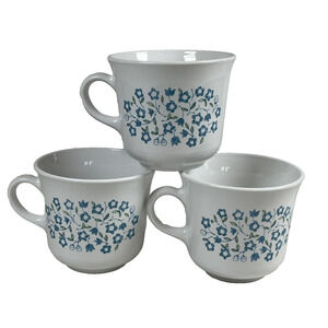 Corelle Corning Vtg 3 Blue Heather Coffee Cups Mugs 8 oz Floral Grannycore
